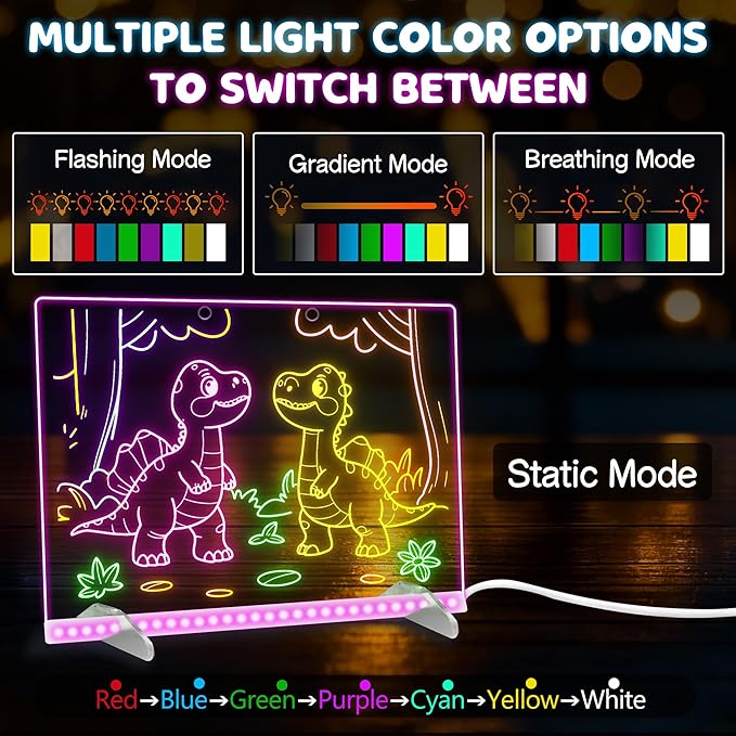 Doodle Glow Board -13.7'' X 10" LED Drawing Board for Room/Store/Festival/Christmas Gifts,etc. with 4 Modes & 7 Colors, LED Glow Drawing Board with Adapter, 7 Markers & Tracing Paper