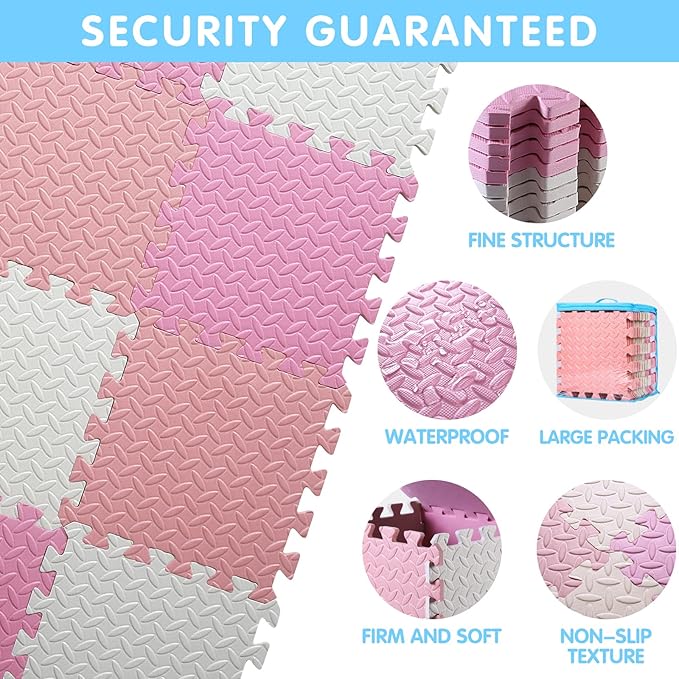 16 Tiles Foam Play Mat for Baby, Soft & Safe EVA Foam Mats for Floor, Square Baby Play Mat, Solid Colored Kids Foam Puzzle Floor Mat, 47x47 Play Mat for Playpen(White/Pink/Loli Pink)