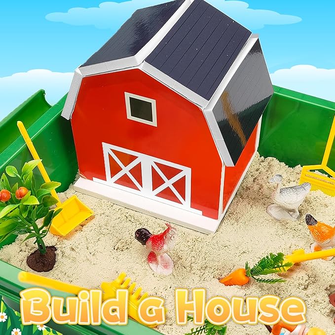 Farm Sensory Bin，Farm Animals Sand Kit with Sensory Sand，Barn Sandbox with Tractor，Sensory Play Sand Set for Kids 3 4 5 6 7