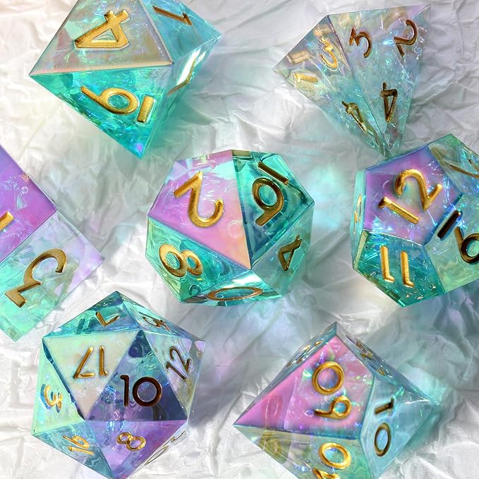 Iridescent Plating Sharp DND Dice, DNDND Handmade Resin Sharp Edge D&D Die with Gift Case for Dungeons and Dragon Tabletop Games (Iridescent Plating)