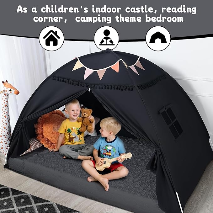 Sumbababy Twin Size Bed Canopy: Lights & Flags Indoor Floor Bed Kids Tent Playhouse - Portable & Foldable Twin Bunk Curtains - Girls & Boys Bedroom Privacy Space Blackout Tents Slumber Gifts (Black)