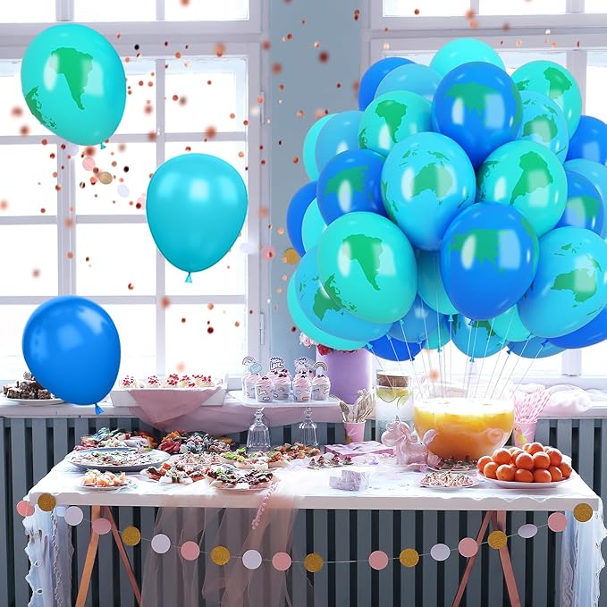 Earth Balloons Set, 12inch Blue and Green Balloons, Global Balloon Blue Green Teal World Map Printed Latex Balloon for Travel Theme Space Theme Party Earth Day Decoration Teaching Supplies
