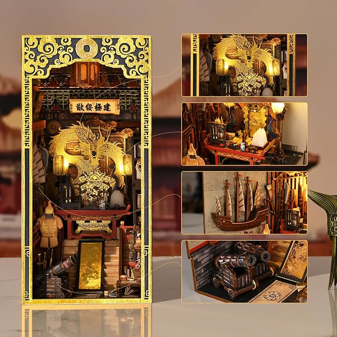 Book Nook Kit, DIY Miniature Dollhouse Booknook Kit, 3D Wooden Puzzle Bookend Bookshelf Insert Decor with LED Light for Teens and Adults (The Emperor's Study)