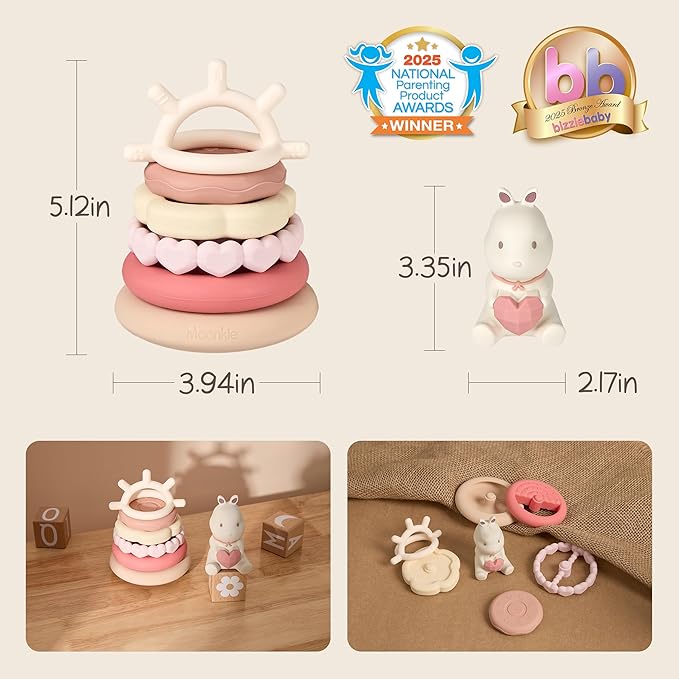 Moonkie Bunny Baby Stacking Toys | 7-Piece Silicone Rings for Teething Relief | Educational Toy for Infants & Toddlers 6 Months+ | Baby Shower or Birthday Gift for Girls