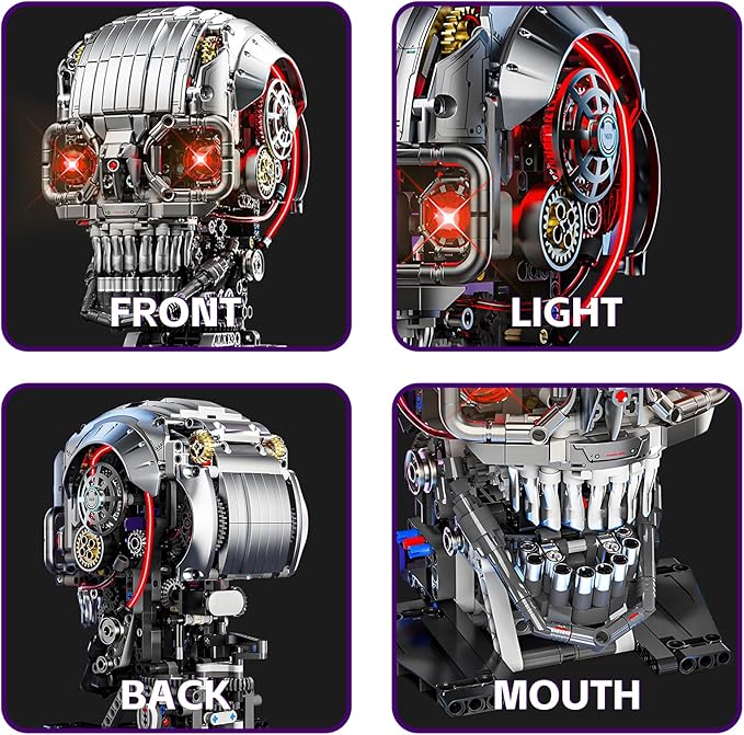 Mechanical Skull Building Block Set 1099+ Pieces 3D Poseable Model with Mandibular Teeth Bite Drive for STEM Toys for Kids & Adults Perfect for Horror Fans & Gothic Room Decor