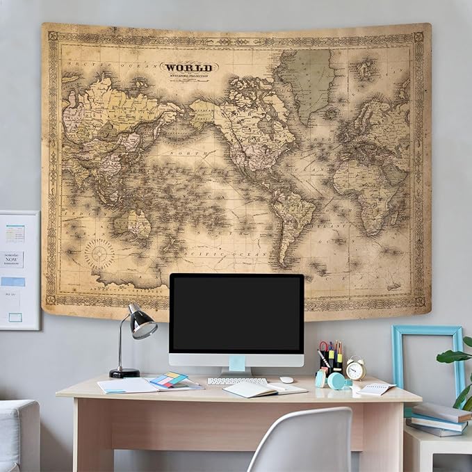 GOAOK Retro Old World Map - Vintage Asian & European Topography - Educational Tapestry for Classroom & Office - Brown Adventure Travel World Map - 60"X40"