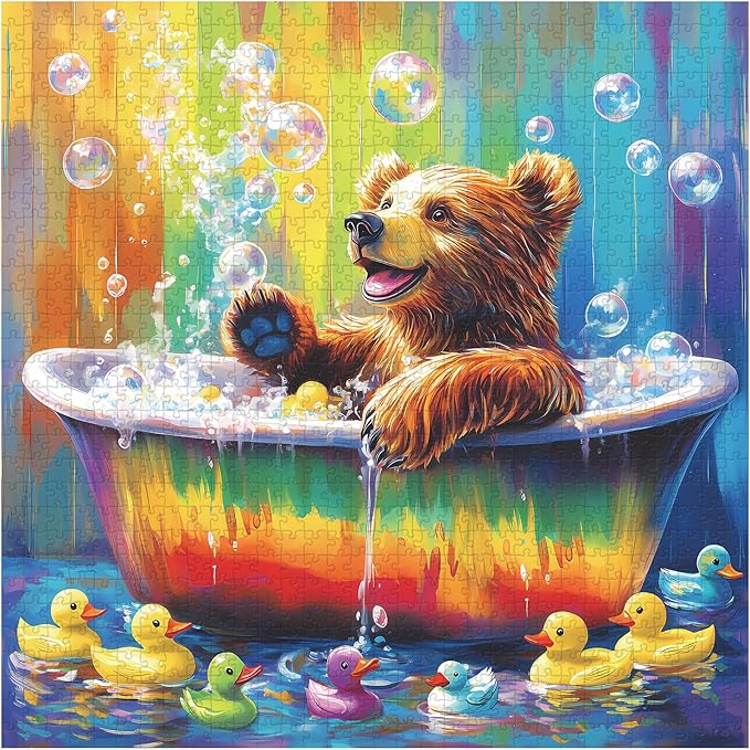 Bear Animal Puzzles for Adults 1000 Pieces, Funny Bathing Bears Jigsaw Puzzle, Challenging Rainbow Duck Puzzle as Home Decor