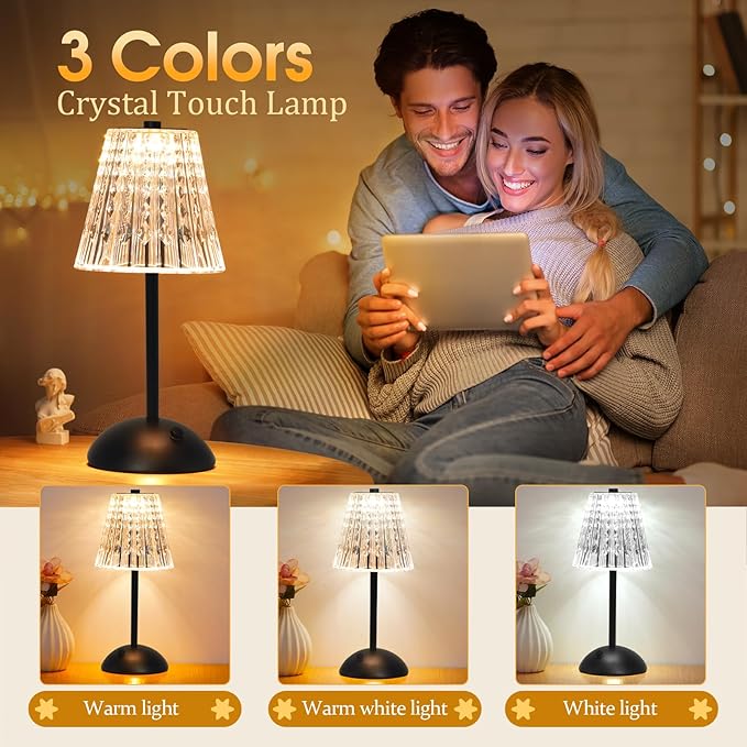 Cordless Touch Table Lamp, 3500mAh LED Rechargeable Small Dask Lamp, 3 Colors Dimmable Battery Operated Crysta Lamp for Bedroom Restaurant Kitchen Home Decor, Black