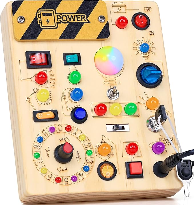 RichBoy Busy Board Toddler Toys Montessori Toys for 1-3 Year Old Boy Girl Birthday Gift for Grandkids, 37 in 1 LED Light Up Sensory Wooden Montessori Switch Board Toy - Learn and Travel (6.7" x 5.3")