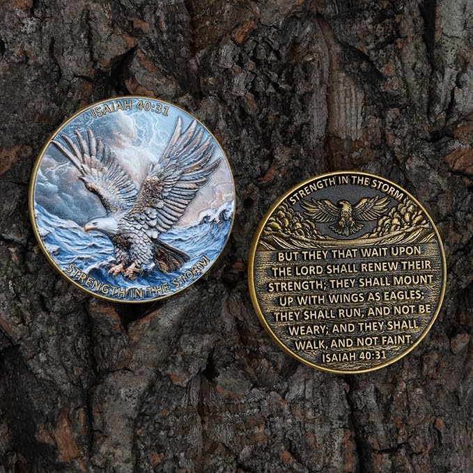 5Pcs 1.57 Inch Zinc Alloy Double-Sided 3D Eagle Challenge Coin - Colorful Inspirational Design with Isaiah 40:31, Strength in The Storm Theme(Pack of 5)