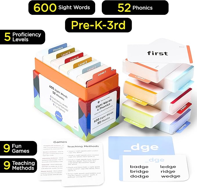 Think Tank Scholar 652 Sight Words/Phonics Flash Cards, Learn to Read: CVC Blends, Short/Long Vowel Sounds, Dolch & Fry High Frequency Site Words + Games: Preschool PreK Kindergarten 1st 2nd 3rd Grade
