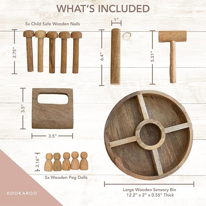 Wooden Tinker Tray & Pounding Set – Montessori Sensory Play Tray with Peg Dolls, Wooden Nails, Hammer & Playdough Tools for Fine Motor & Imaginative Play