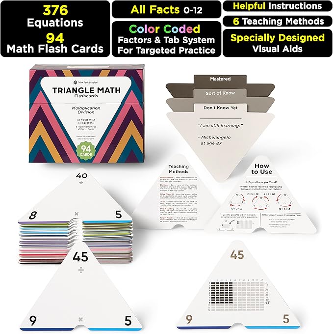 Think Tank Scholar Triangle Multiplication & Division Flash Cards Set (376 Math Equations), All Facts 0-12 - Color Coded, for Kids in 3RD, 4TH, 5TH & 6TH Grade - Has Three Corners