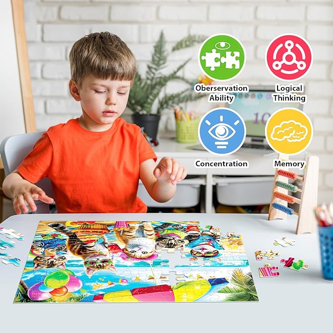 Puzzles for Kids Ages 4-8 6-8 8-10 Year Old and Seniors - Funny Cats Puzzle Beach Kitten Jigsaw Puzzles, 100 Piece Puzzle for Toddler Children Learning Educational Puzzles Toys for Boys and Girls