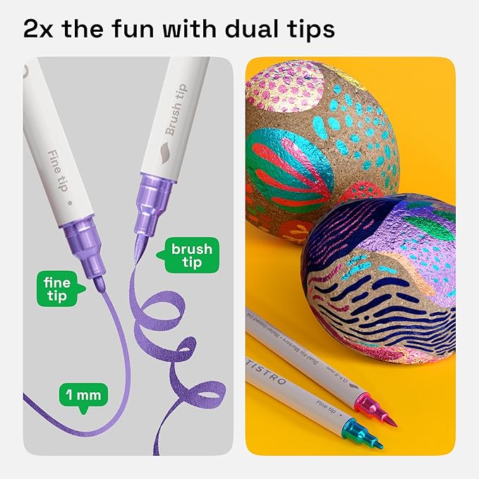 ARTISTRO 24 Metallic Dual Tip Brush + Fine Acrylic Paint Pens Ideal for Calligraphy - Paint Markers for Fabric, Rock, Glass, DIY - Stocking Stuffers, Christmas Gift Idea for Teens, Grandkids, Kids