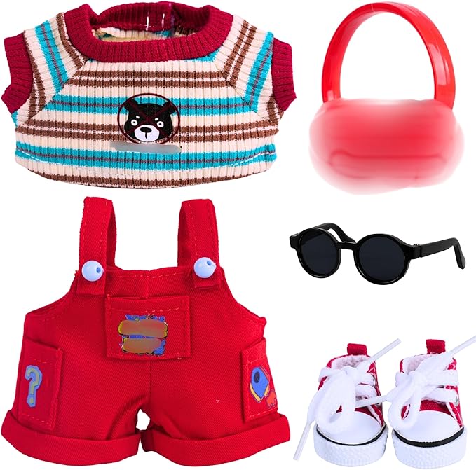 17cm Doll Clothing, fits 5.9-6.69 inch (15-17cm) Doll, high Fashion 5-Piece Clothing and Accessory Set with top, Jumpsuit, Sunglasses, Headphones and Canvas Shoes (Doll not Included) (red)