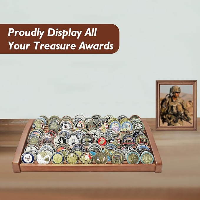 12 Rows Solid Wood Military Challenge Coin Display Stand Holds 90-100 Coins Army Coin Holder Display Police Coin Rack for Countertop, Walnut