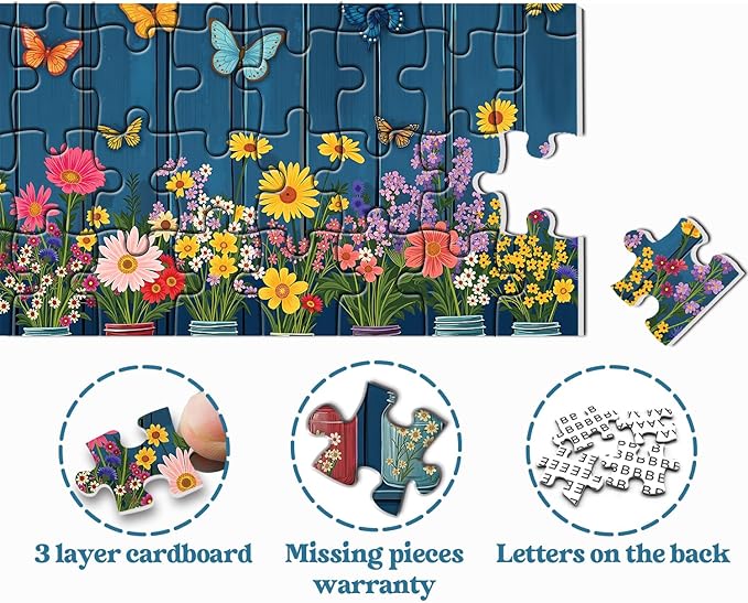 Wildflower Puzzles for Adults 1000 Pieces, Colorful Flower Garden Jigsaw Puzzles, Nature Butterfly Floral Vase Puzzle