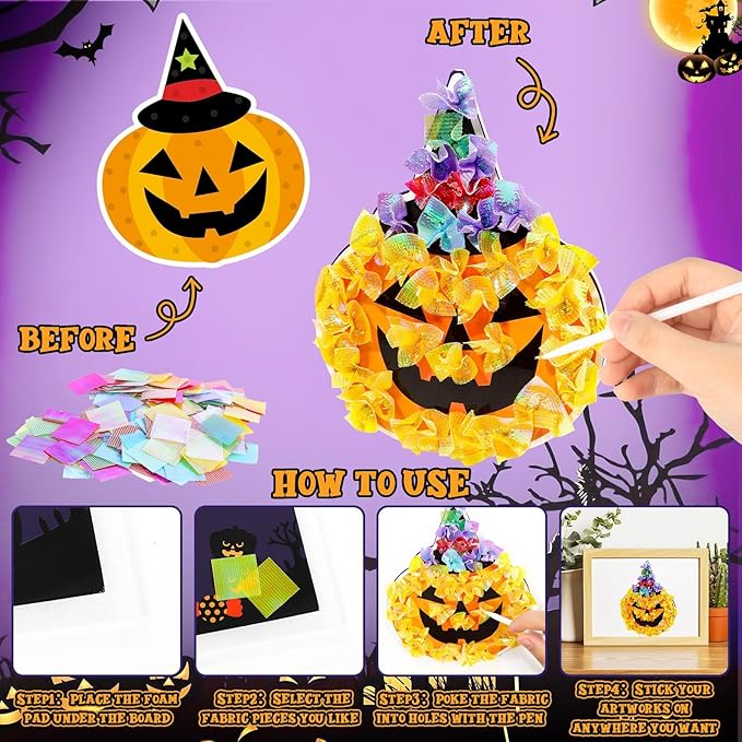 Lonfliness 8PCS Poke-in Craft and Art Kit Kids Halloween No-Mess Fabric Sewing Art Girl Boy 4-12 Puzzle Puncture Painting DIY Bat Pumpkin Ghost Halloween Toy Gift Creative Activity Game Birthday Party
