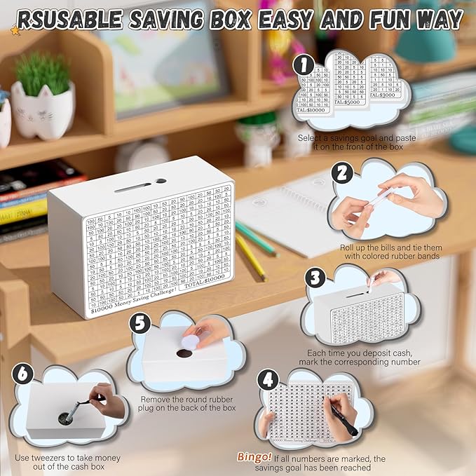 Wooden Money Saving Box, Cash Savings Box for $10000 $5000 $3000 $1000 $800 $500 Target Money Saving Challenge, Money Box with Counter/Dry Erase Pen/Savings Trackers/Rubber Band -White
