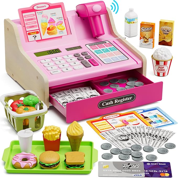 Wooden Cash Register for Kids with Real Calculator, Rechargeable Cash Register Toy with Scanner/Play Money/Food/Credit Card/Menu, Pretend Play Toys Gifts for Boys Girls Ages 3-8,Color