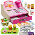 Wooden Cash Register for Kids with Real Calculator, Rechargeable Cash Register Toy with Scanner/Play Money/Food/Credit Card/Menu, Pretend Play Toys Gifts for Boys Girls Ages 3-8,Color