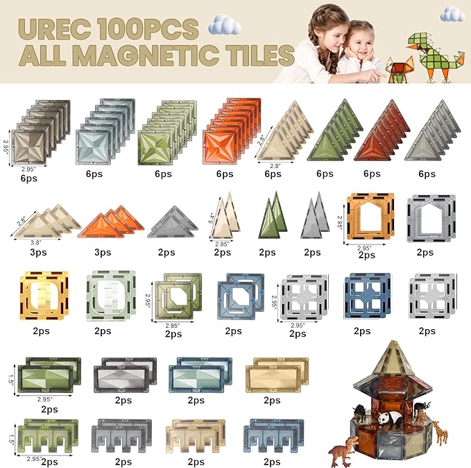 Magnetic Tiles, 100PCS Magnetic Blocks for Kids, 3D Diamond Magnet Tiles Building Blocks for Toddlers, Construction STEM Magnet Toys Gift for 3+ Year Old Boys and Girls