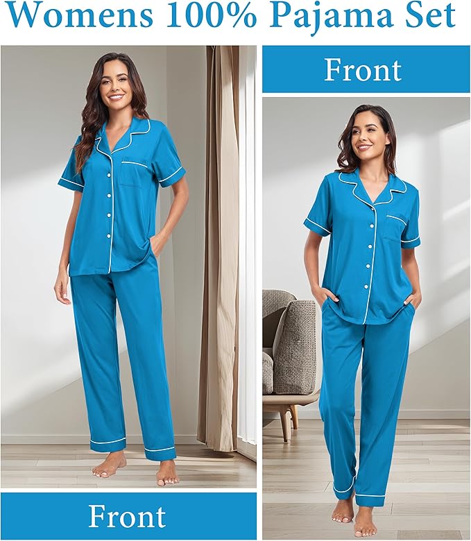 CF Womens 100% Cotton Pajamas Set Button Down Pjs Sets Short Sleeve Top & Long Pants Sleepwear Comfy Loungewear with Pockets