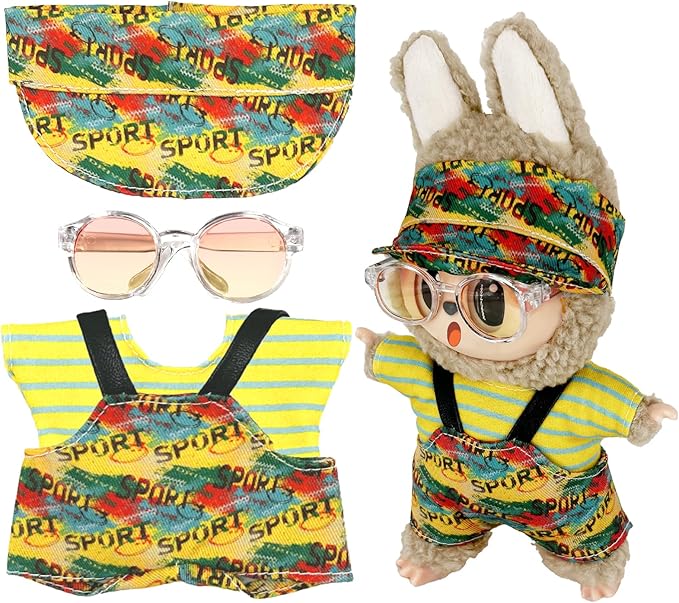 17cm Clothes Set (NO Doll) 4PC Set Hat Glasses Overalls for 17cm Accessories Suit, Doll Clothing for Trendy Blind Box，Cute Clothes for LBB Doll Dress up Unique Style,Ethnic Cute Combination (Yellow)