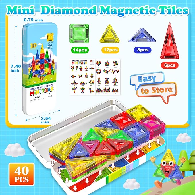 Mini Diamond Texture Magnetic Tiles with Iron Box, 40 PCS Travel Magnetic Tiles, STEM Educational Building Set Construction Toys for Kids Ages 3+, Portable Building Toys for Toddlers, Boys & Girls
