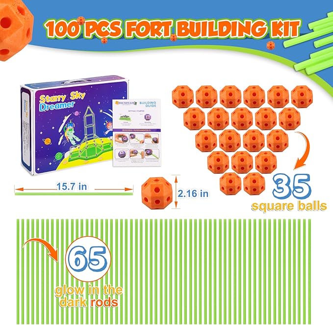 Fort Building Kit for Kids - 100 Pcs Glow in The Dark Creative STEM Building Toys, Fun Fort Indoor Outdoor Toys Gift for Boys & Girls Age 5 6 7 8 9 10 Year Old