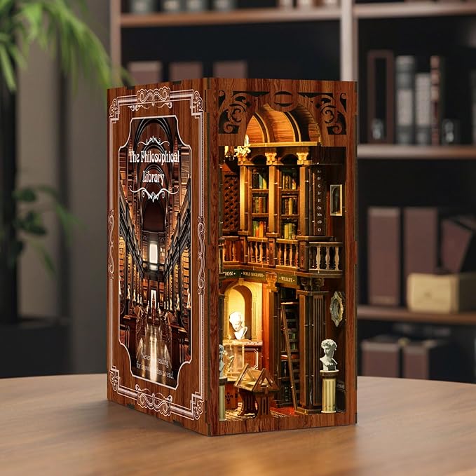 ISSEVE Book Nook Kit, DIY 3D Wooden Puzzle Dollhouse Booknook for Adults, Tiny Miniature House Kit Bookshelf Decor, Halloween for Crafts Book Lovers (Library of Philosophical)