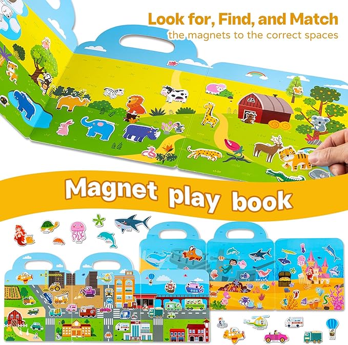 pinkking Magnetic Portable Playboard, Vehicles-Farm Animals-Ocean Animal 3 Set Activity Magnet Book for Toddler, Refrigerator Magnet Educational Learning Toys Travel Stickers Activity Books for Kids