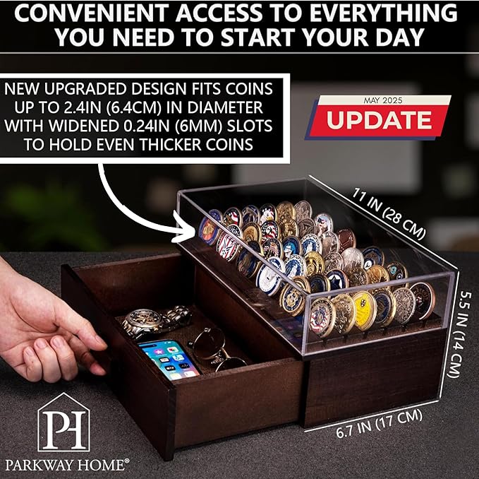 Large Wooden Challenge Coin Display Case with Clear Cover - Military Coin Display Case Holds 36 Coins on Top & 36 in The Storage Drawer - Versatile Coin Stand Holder & Poker Chip Display Case - Brown