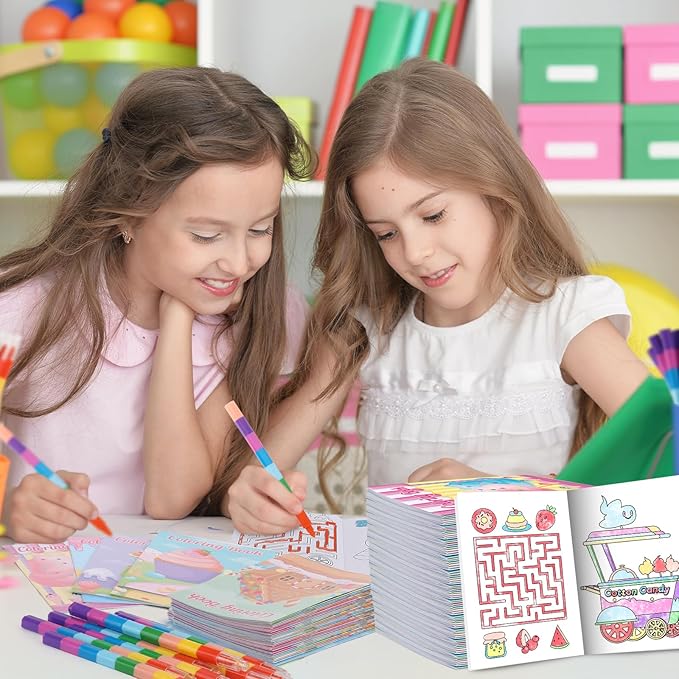BenLouis 12 Donut Candyland Mini Coloring Books Kids with 12 Stacking Crayons Ice Cream Party Favors Small Activity Books Bulk for Kids Sweet Treats Desserts Birthday Party Gift Goodie Bag Stuffers
