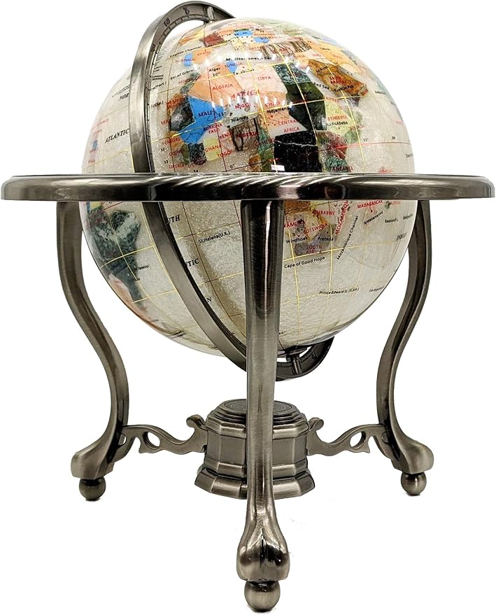 Limited Edition! Unique Art Since 1996 Pearl Swirl Table Top Gemstone World Globe with Tripod Silver Zinc Alloy Stand (220MM/9 INCHES/Pearl Ocean/Silver)