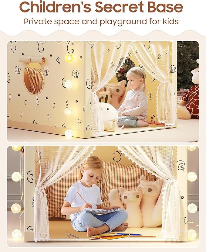 Kids Play Tent, Princess Tent Indoor Playhouse Set with Star Lights, Ball Lights, Colorful Flags, Butterflies, Clouds - Large Tents for Kids Toddle Castle for Girls Toy House Gift