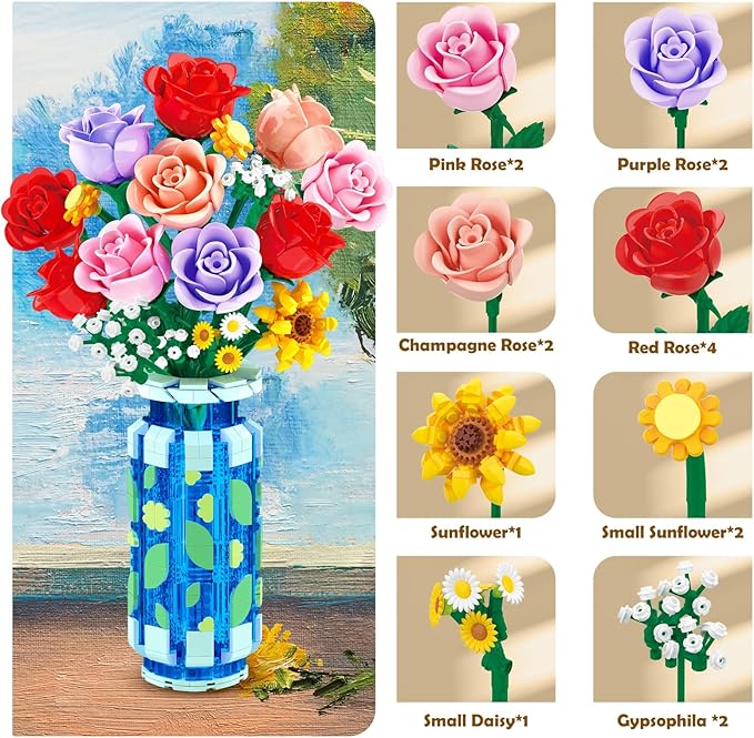 Roses Flowers Building Set with Vase & LED Light, Mother's Day 16 Mini Flowers Bouquet Botanical Building Blocks Toy, Birthday Gifts for Adults, Artificial Flowers for Home Decor & Display
