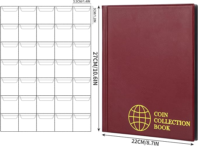 350 Pockets Coin Albums - 35x30 mm/1.3x1.1 inch Pocket Red Coin Book 10 Pages Coin Collection Holder Letter Size Coin Storage Book CS0235RE