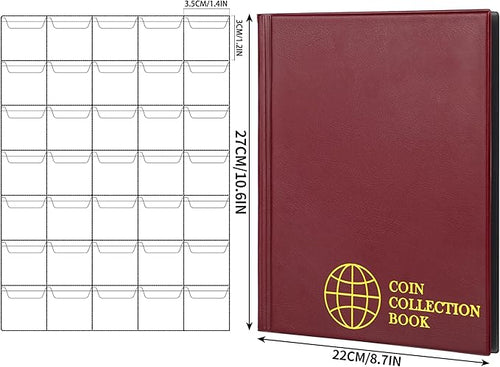350 Pockets Coin Albums - 35x30 mm/1.3x1.1 inch Pocket Red Coin Book 10 Pages Coin Collection Holder Letter Size Coin Storage Book CS0235RE