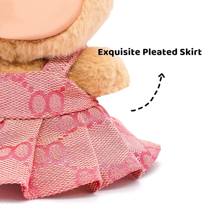 Clothes Compatible with Labubu 17cm Dolls, Premium Dolls Accessories 2 Piece Set Including Chic Grid Spaghetti-Strap Dress and Bow, High-End Fashion Outfit for Play & Display - Pink