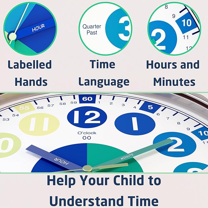 OWLCONIC Kids Analogue Time Teaching Clock Blue Green