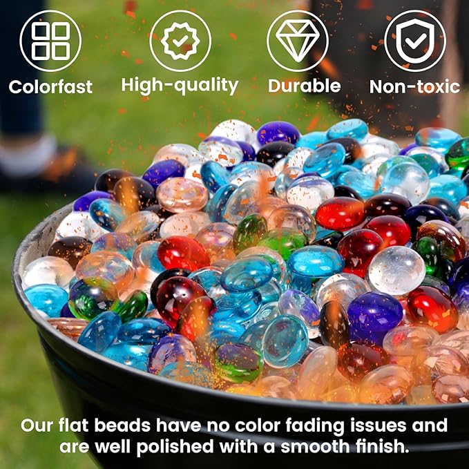 FUTUREPLUSX 5 Lb Flat Glass Marbles, 500 PCS Assorted Colors Flat Gems Aquarium Pebbles Vase Filler Table Scatter Decor, Red, Green, Blue, Yellow, Transparent