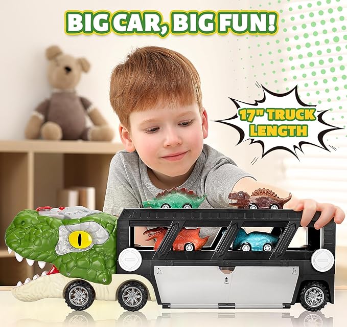 Dinosaur Toys for Kids 3-5, 5-7, Dinosaur Transport Carrier Truck with 10 Mini Car, Dinosaur T-Rex Cars Track Set for Toddlers 3-4 with Spray & Light & Sound, Birthday Gifts for 3 4 5 6 Year Old Boy