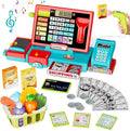 Cash Register Playset Toy for Kids, Real Calculator Register, Pretend Play Store with Music, Scanner, Play Money, Food, Preschool Learning Toy Playset Gift (Blue Red)