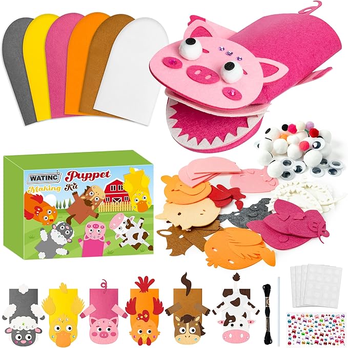 WATINC 6Pcs Hand Puppet Making Kit, Art Craft Felt Sock Puppet Toys, Creative DIY Make Your Own Pompoms Wiggle Googly Eyes Storytelling Role Play Party Supplies Gift for Girls Boys (Farm Animals A)