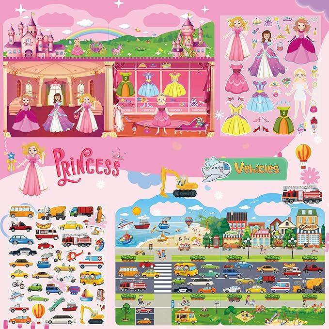 4 Set Reusable Sticker Books for Toddlers 2-4 Years, Reusable Toddler Sticker Book, Kids Puffy Activity Books Set Include Princess,Animal,Farm,Vehicles