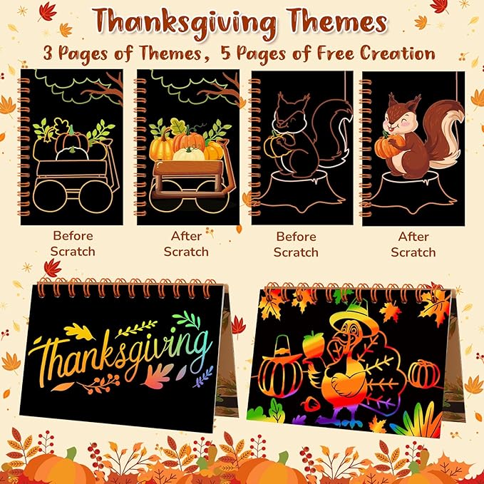12 Pack Thanksgiving Scratch Art Party Favors for Kids - Rainbow Scratch Paper with Fall Party Scratch Off Cards Easter Birthday Goodie Bags Stuffers - Return Gifts DIY Classroom Prize