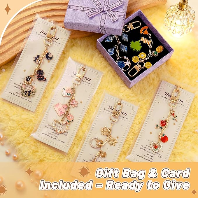 Wurosi 24 Set Lip Gloss Keychain Making Kit, Gold Keychain Clips Hooks with Extender Chain, Cellophane Bags, Thank You Cards, 5M Hemp Rope, for DIY Key Chain Making Crafts