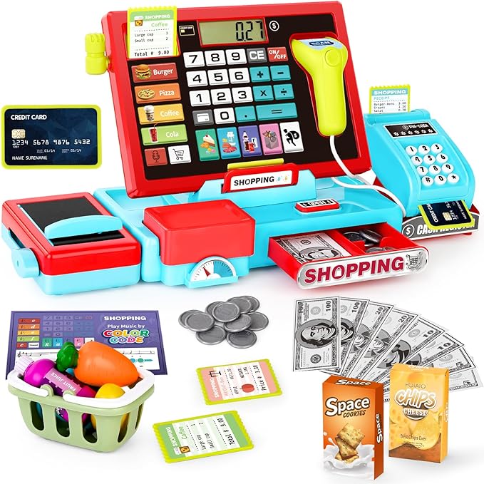 52PCS Toy Cash Register for Kids with Sound Music/Scanner/Microphone/Credit Card/Play Money, Pretend Learning Toy Kids Cash Register, Christmas Birthday Gift for Toddlers Girl Boy Age 3 4 5 6